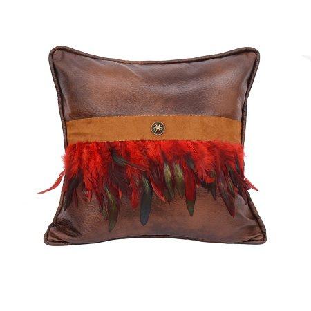 Leather Pillow with Red Feathers