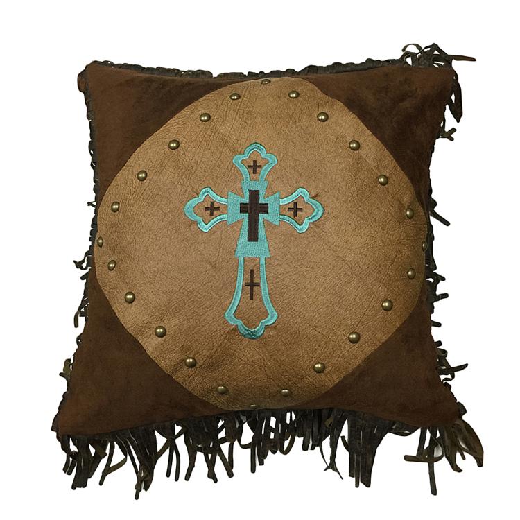 Turquoise Cross Western Pillow with Fringe